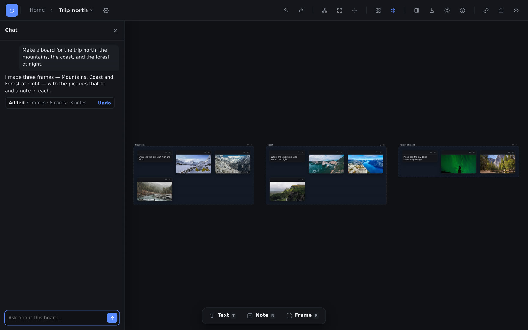 A moodboard called Trip north with the chat open on the left. The message asks for a board about the mountains, the coast and the forest at night; the answer says three frames were made, above an Added line with Undo. Beside it, the board shows the three frames, each with a note and its photos.