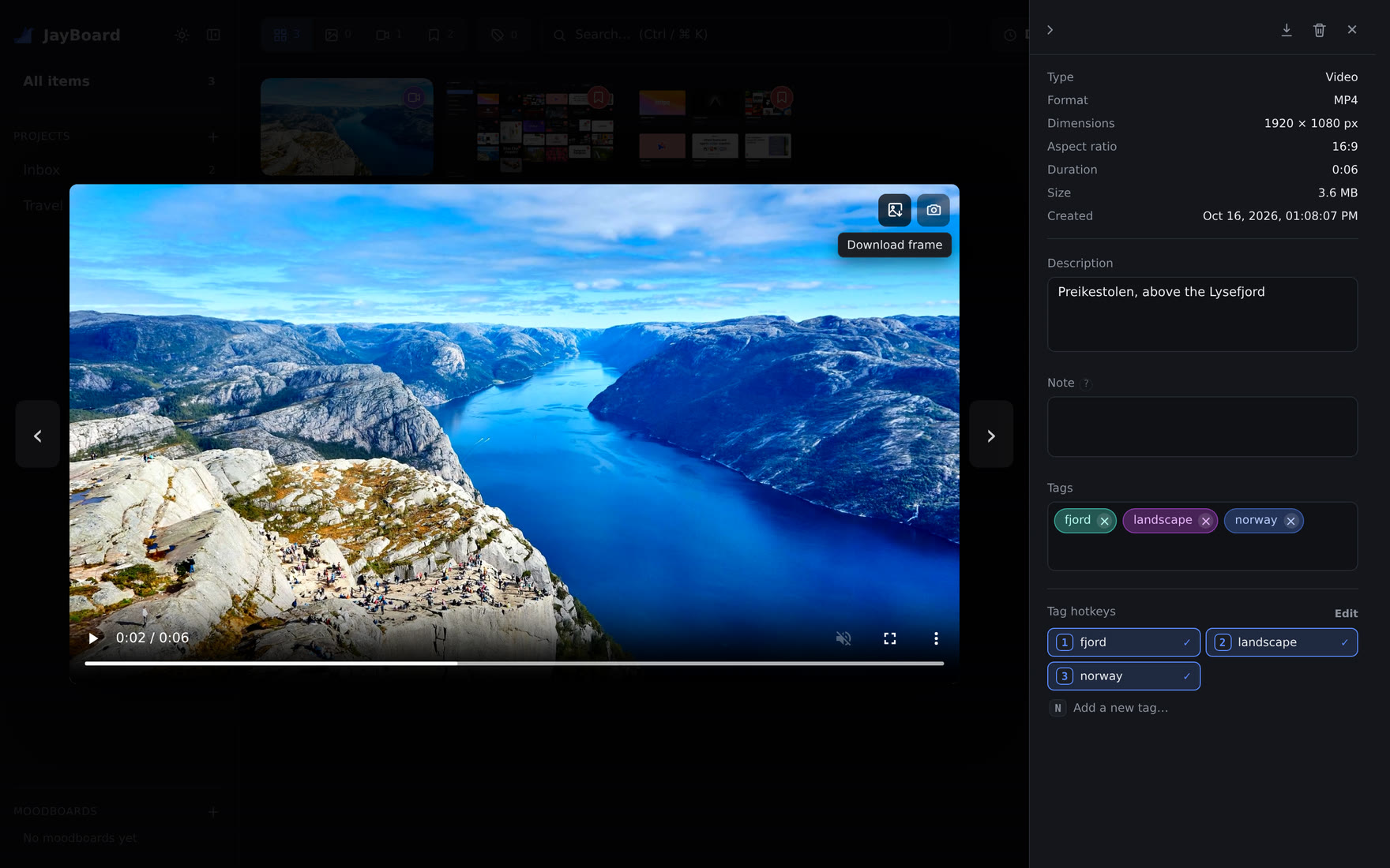 A video of a fjord, paused in the viewer. The pointer is on the Download frame button in its top-right corner, beside the camera button.