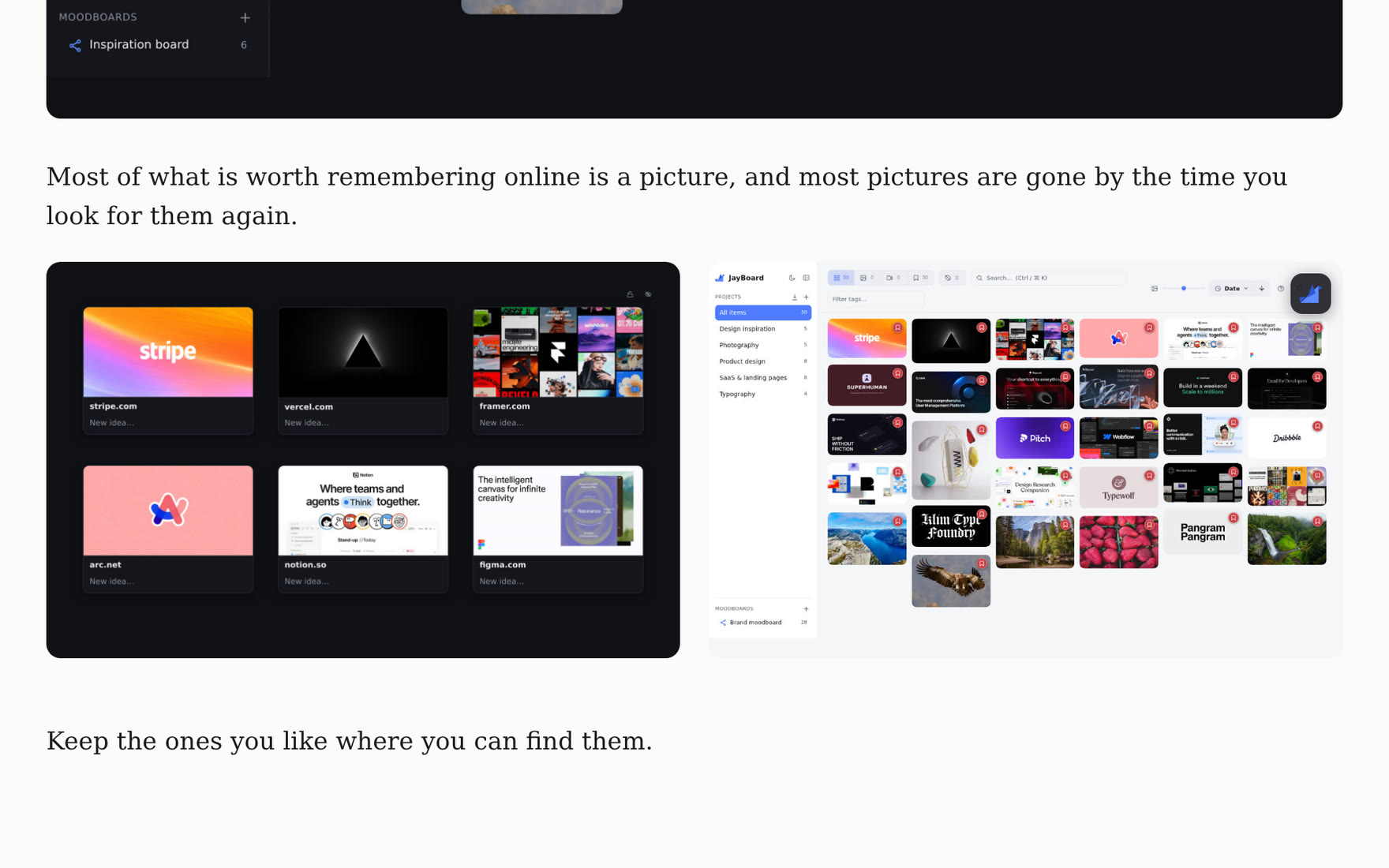 An article with two pictures. The pointer is over the right-hand one, and a small JayBoard button sits in its top-right corner.